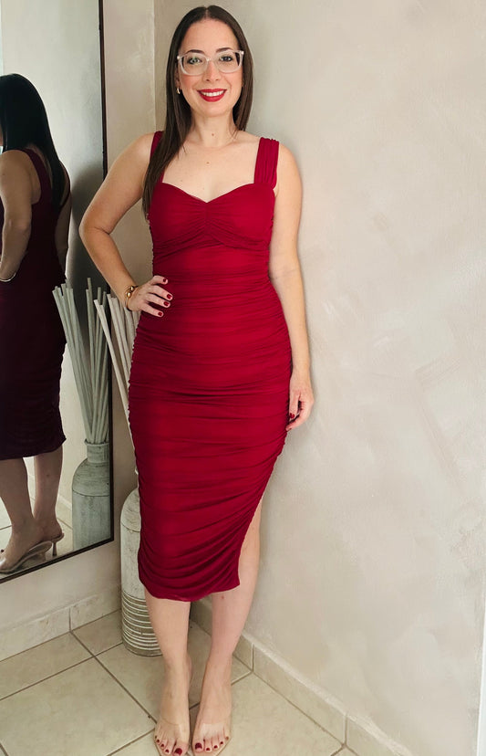 Dark Red Ruched Midi  Dress