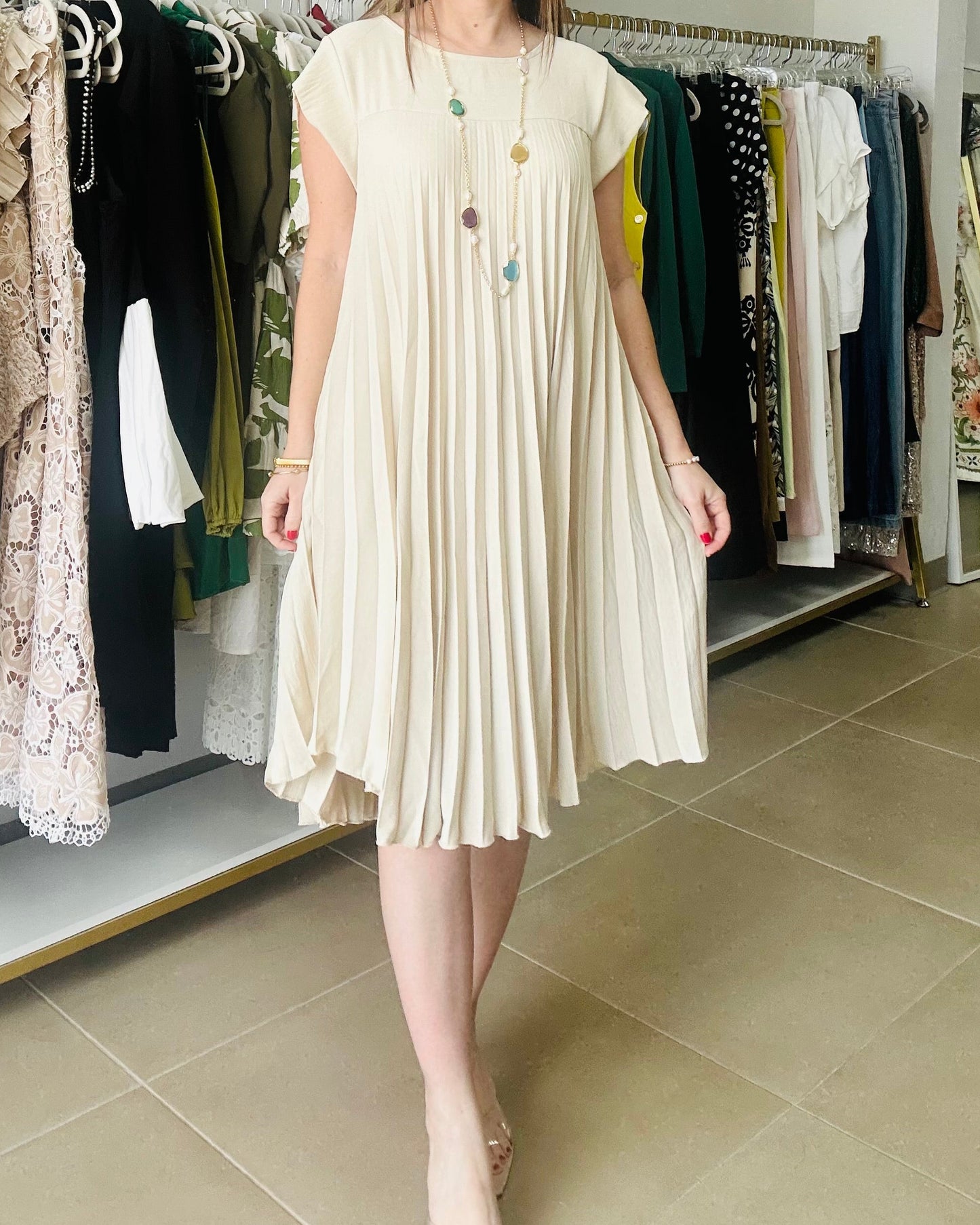 Cream Pleated One Size Dress
