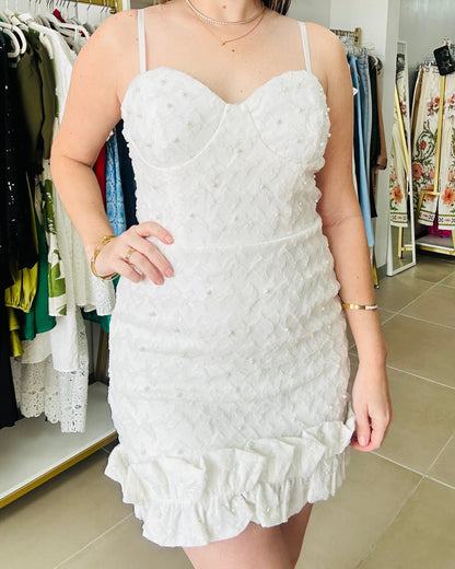 Texture Pearl/ Ruffle hem White Dress