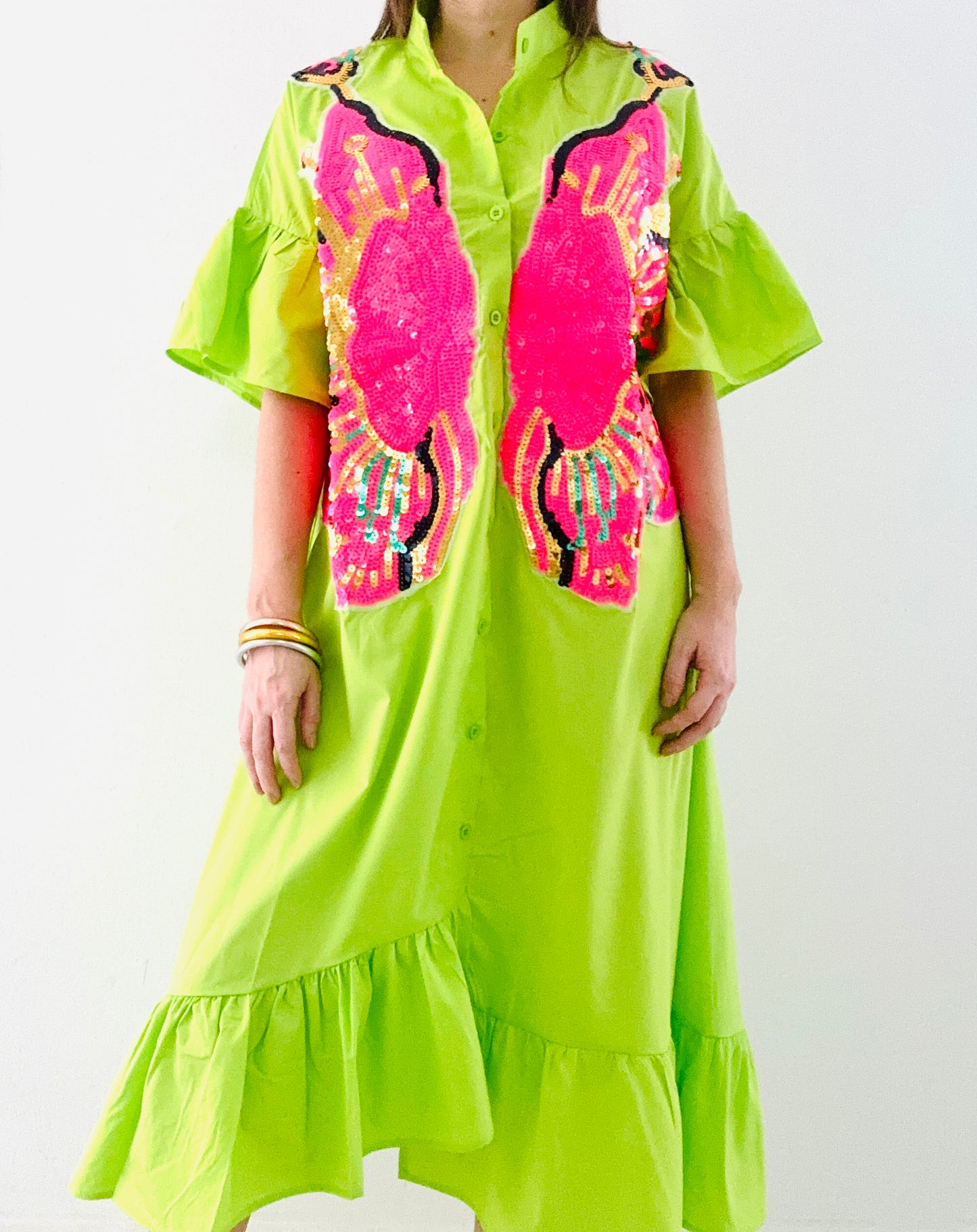 Green Sequin Flower Midi Oversized Dress