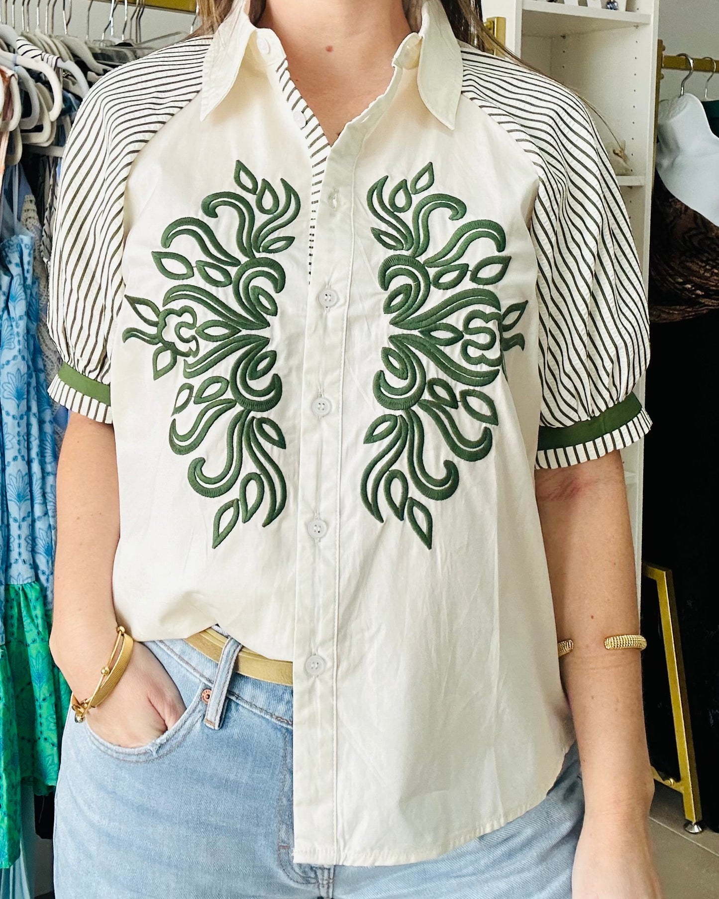 Green Stripes/ Embroidery Top