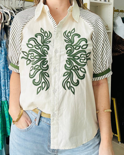 Green Stripes/ Embroidery Top