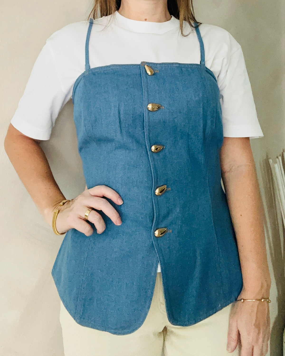 Denim Tube Top with Gold Buttons
