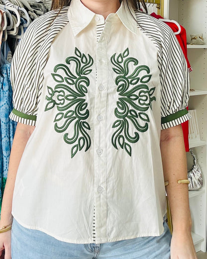 Green Stripes/ Embroidery Top