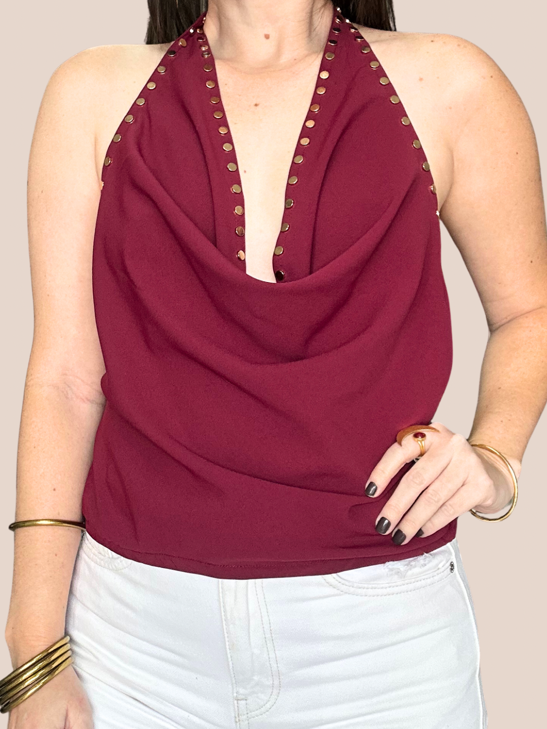 Gold Studs Wine Backless Top