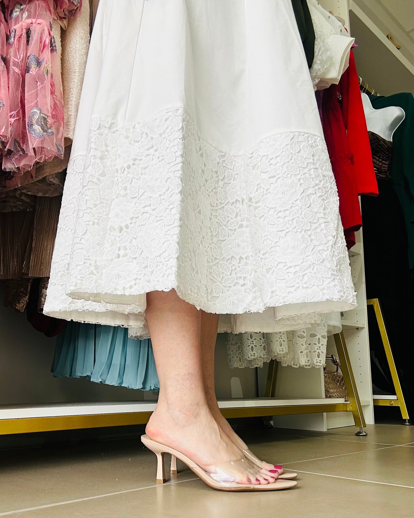 White Crochet Botton Midi Dress
