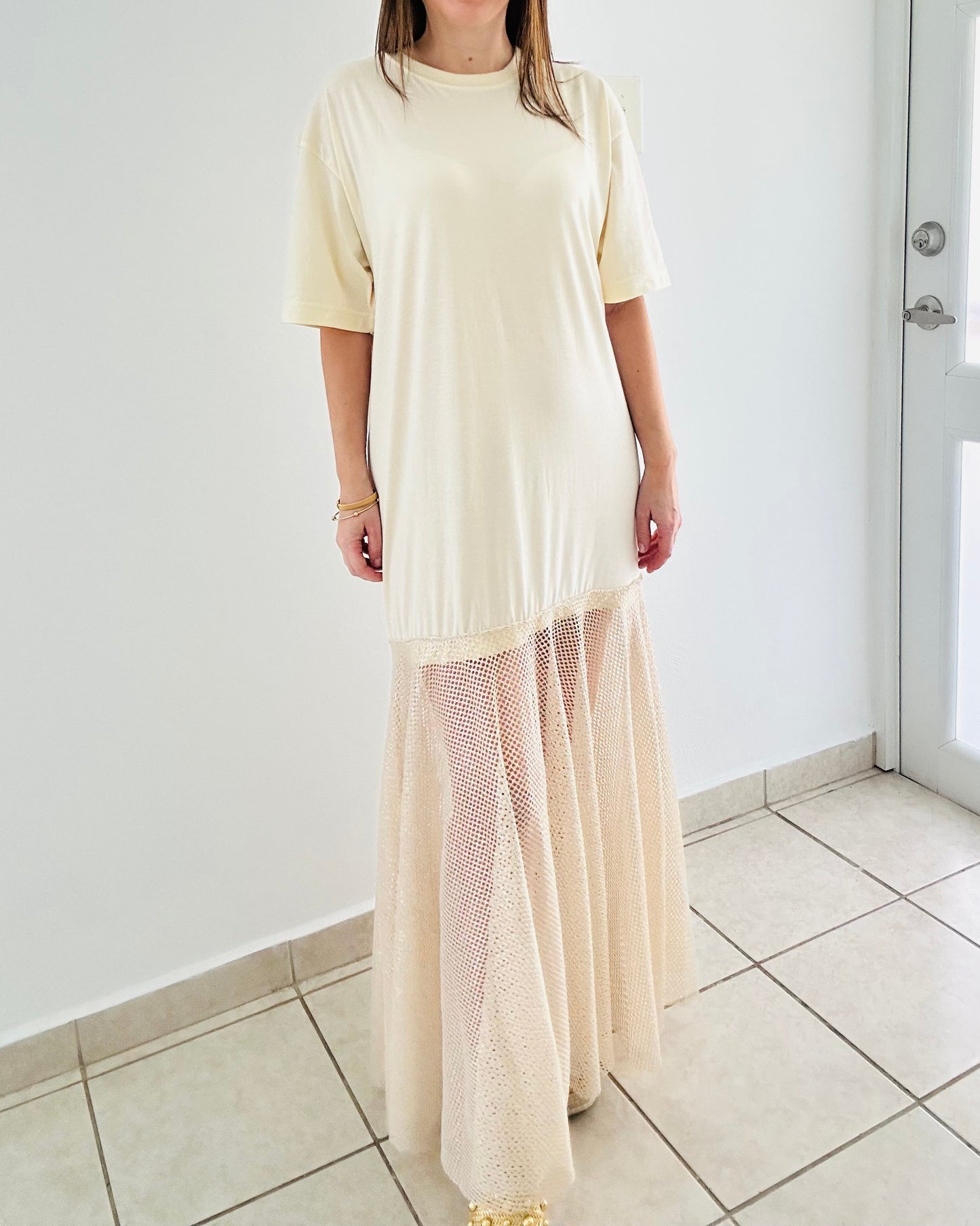 Cream Golden Mesh Maxi Dress