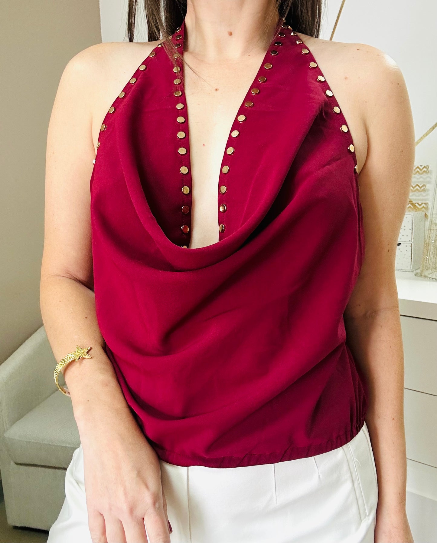 Gold Studs Wine Backless Top