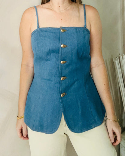 Denim Tube Top with Gold Buttons