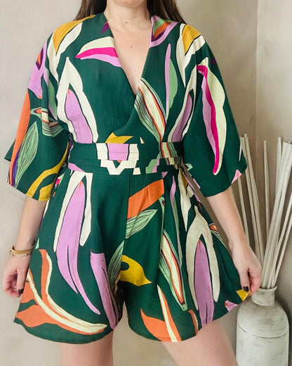Green Leaf Print Romper