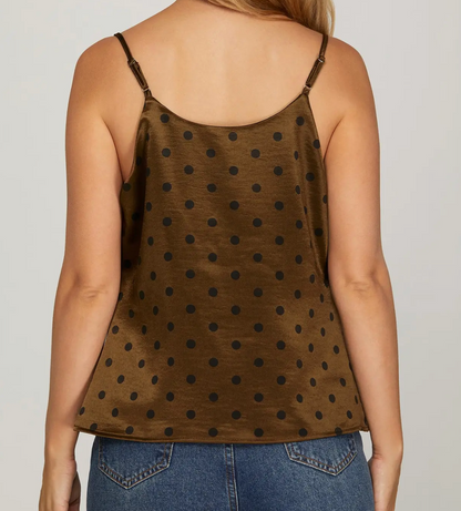 POLKA DOT SATIN COWL NECK CAMI TOP