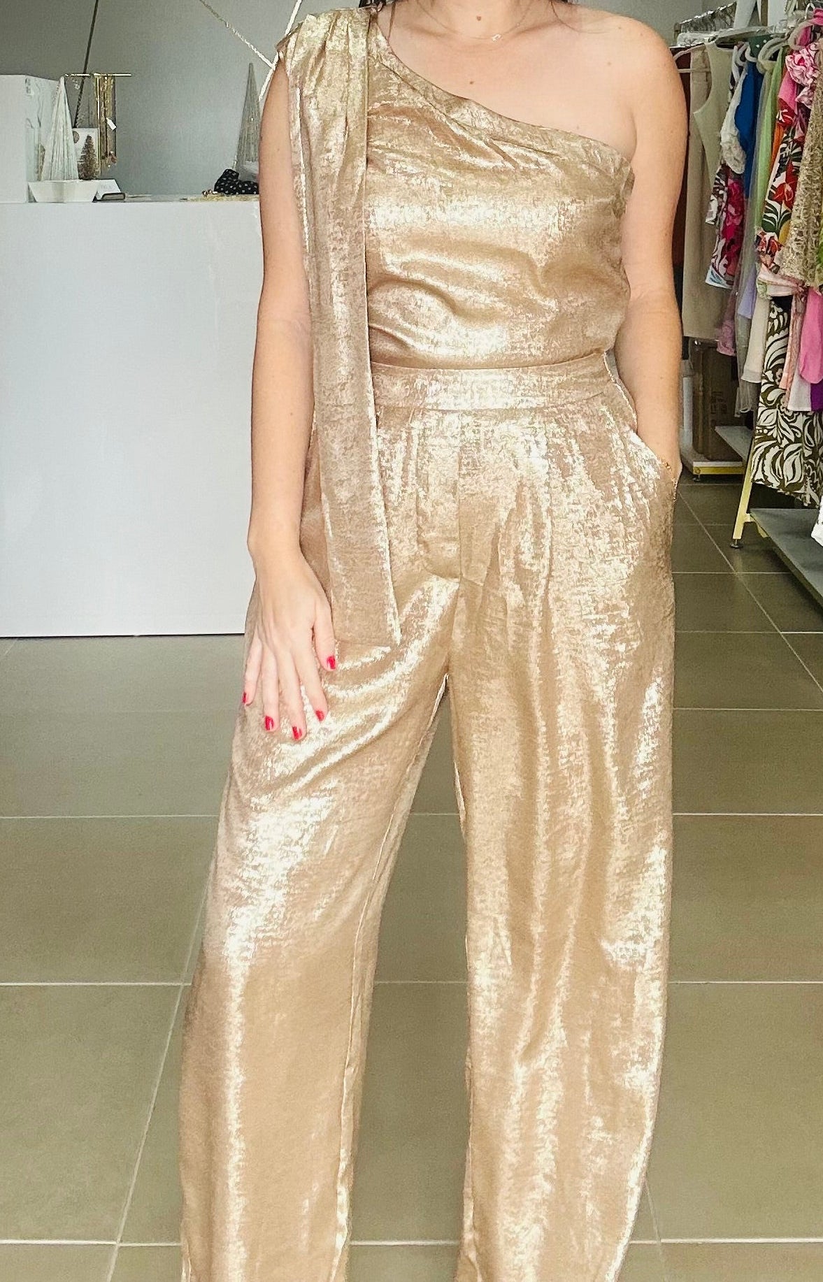 Gold Shimmer One Shoulder Top +Pant Set
