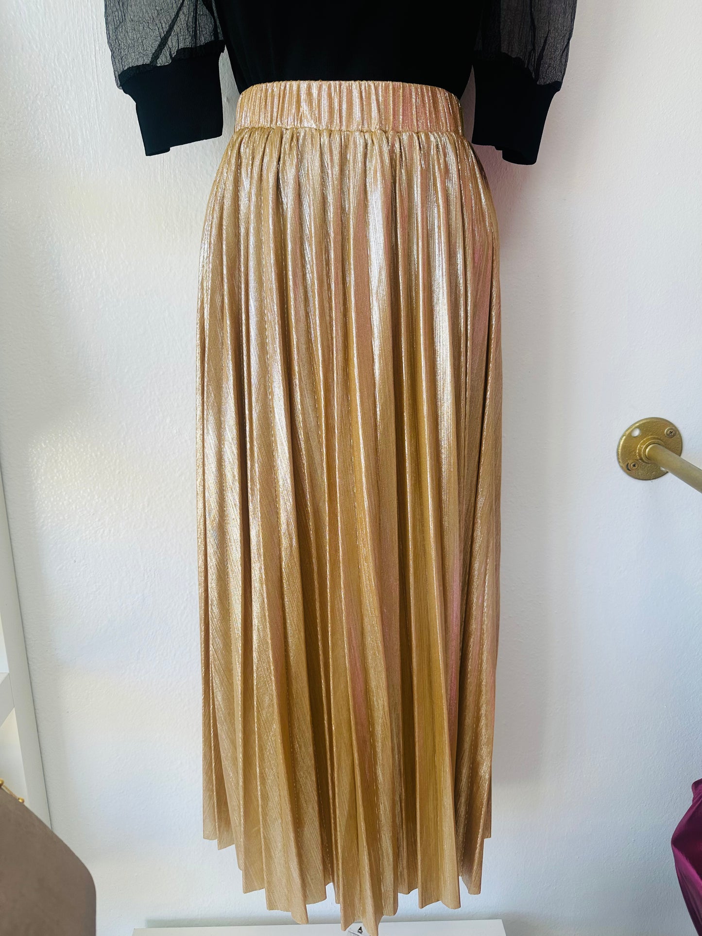 Gold Pleated Midi Skirt
