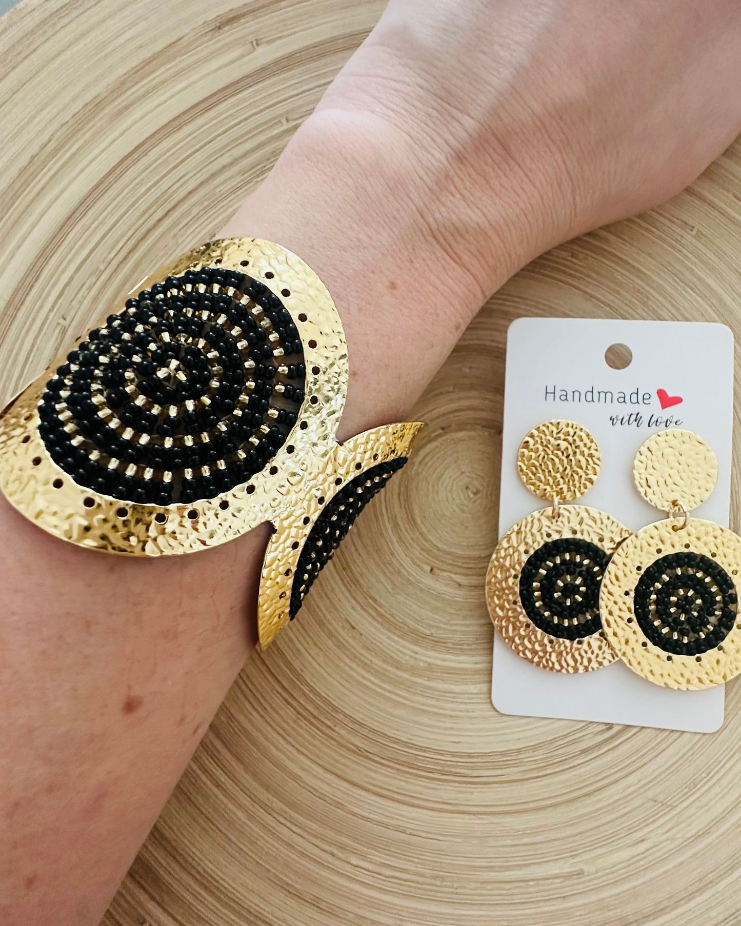 Black Circle Beaded Cuff +Earrings Set