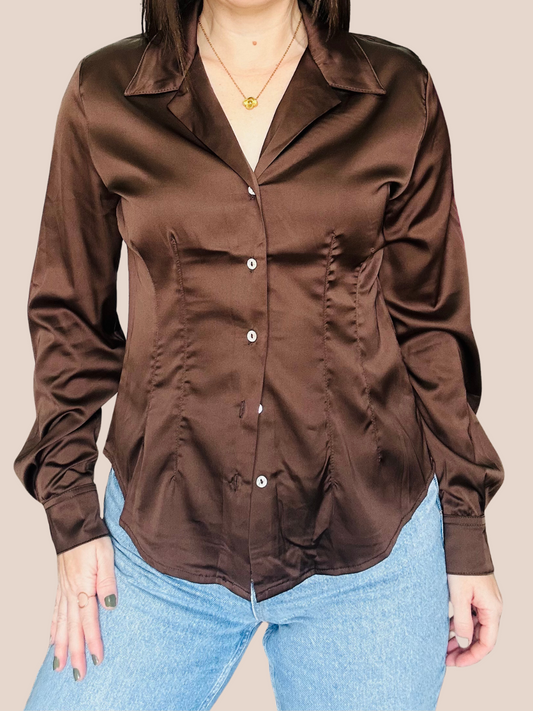 Brown Satin Button Down Shirt
