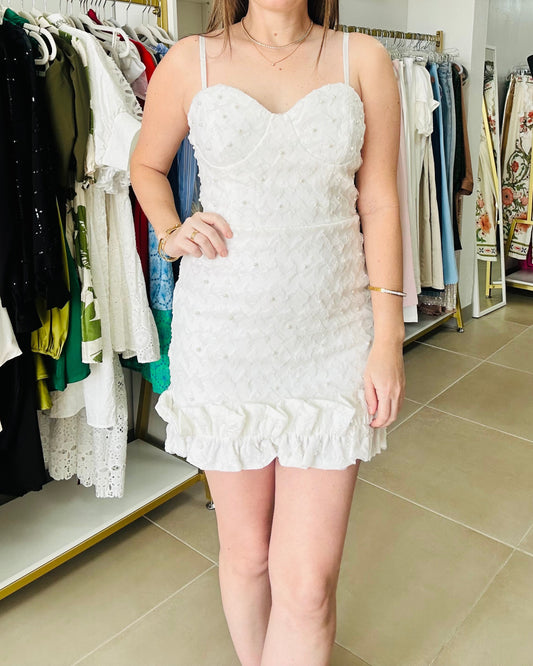 Texture Pearl/ Ruffle hem White Dress