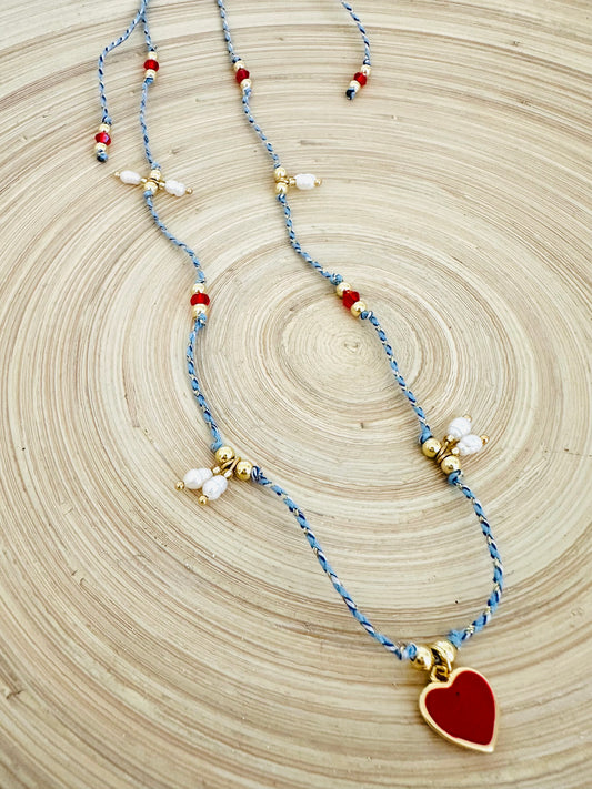 Blue Cord Heart Necklace