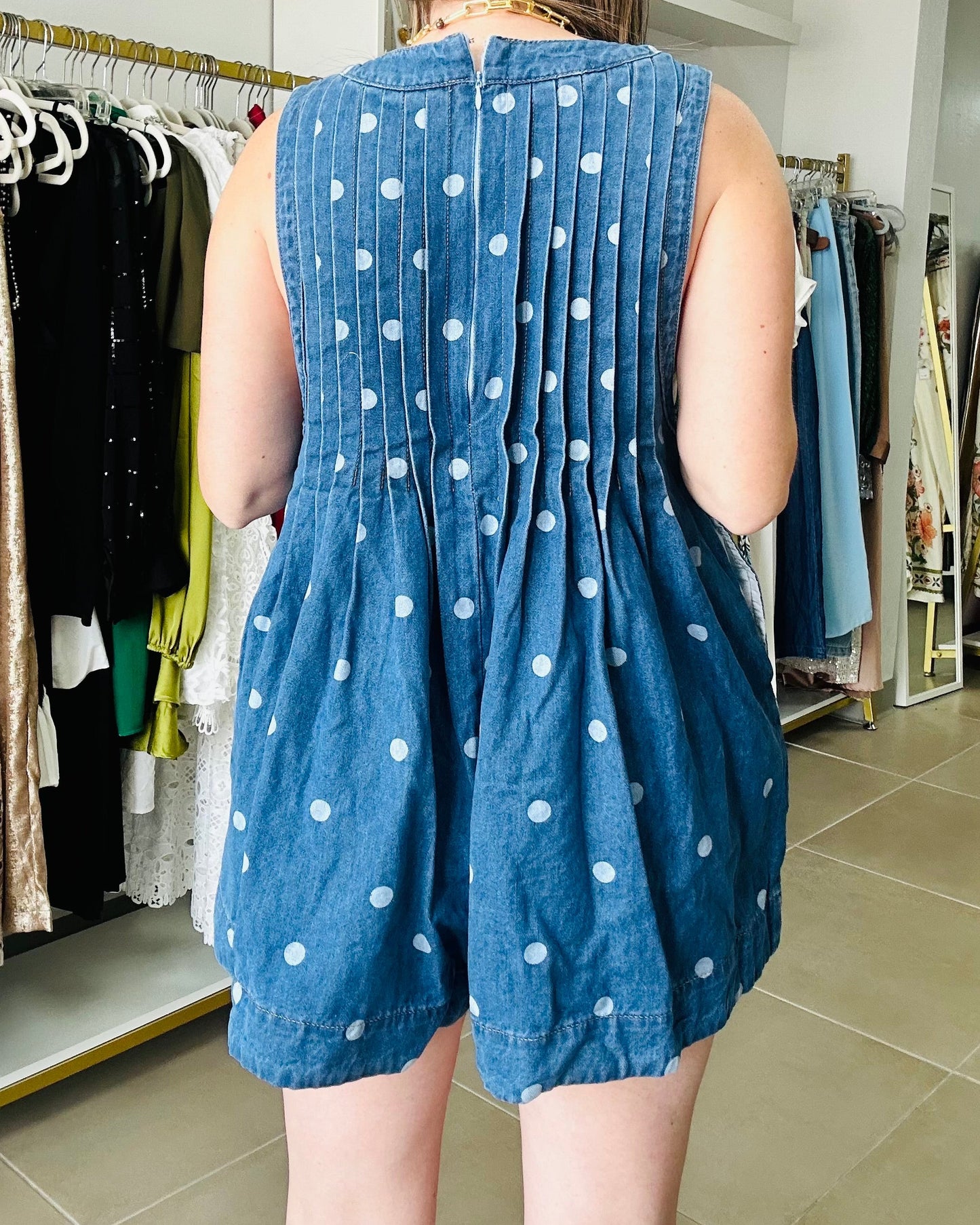 Polkadots Denim V Neck Romper