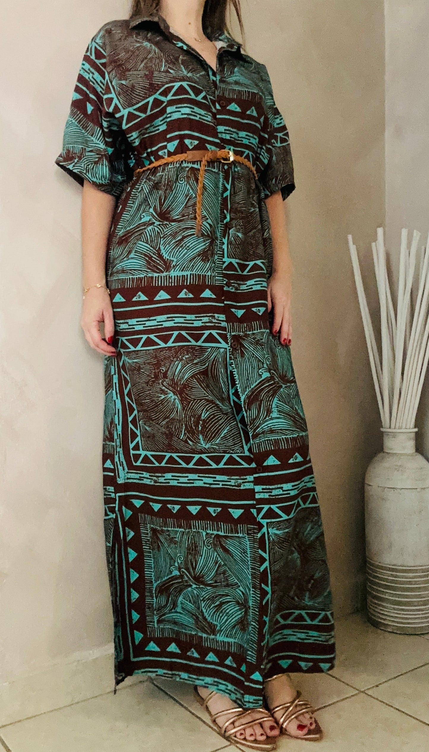 Turquoise/Brown  Maxi Dress-Shirt