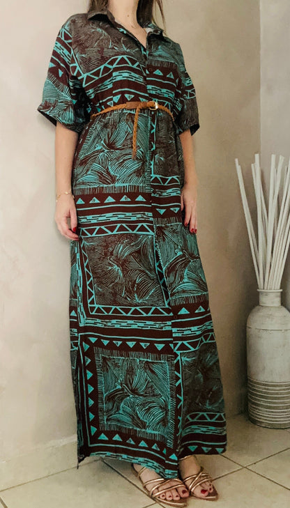 Turquoise/Brown  Maxi Dress-Shirt