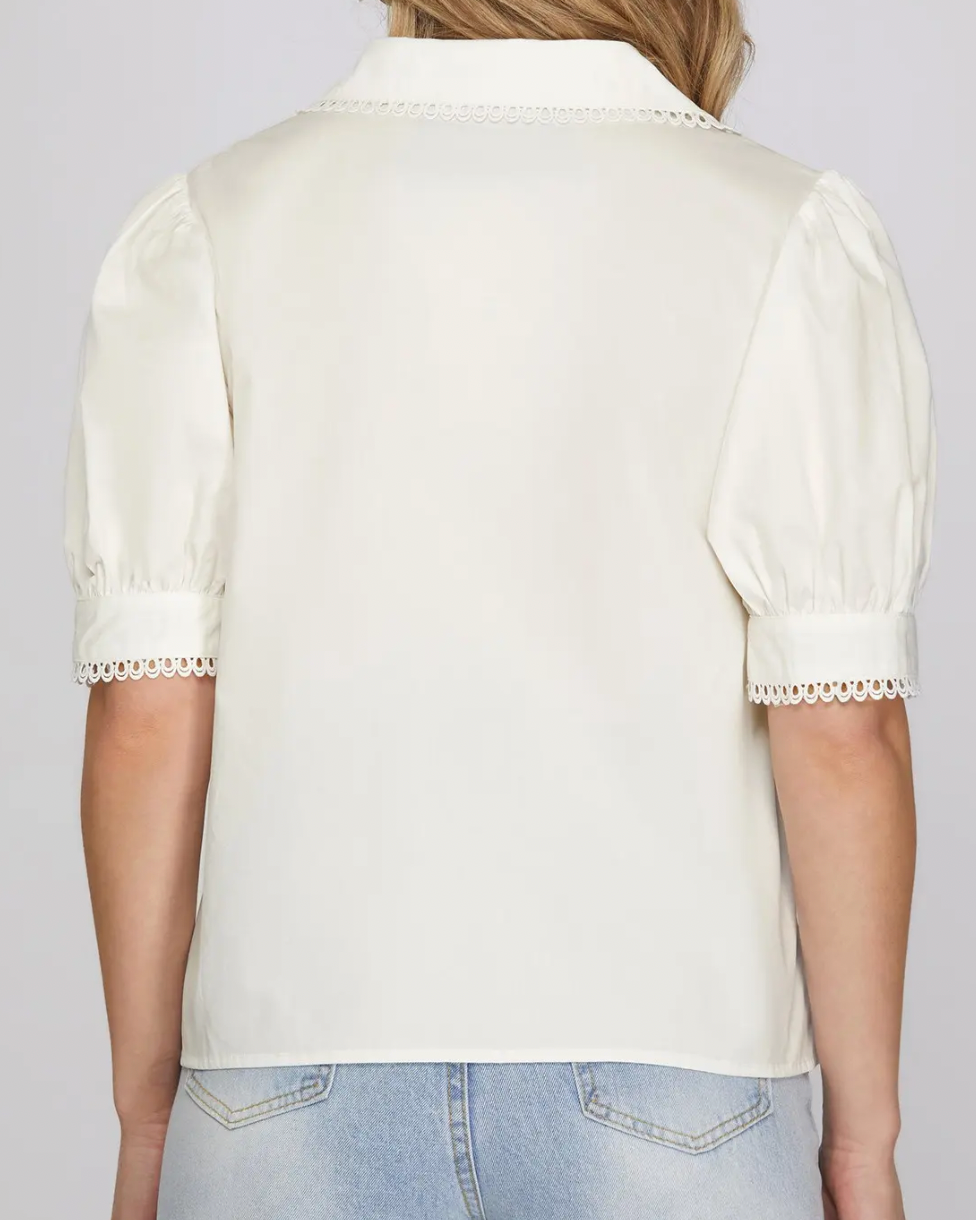 Puff Sleeve Floral Embroidery Off White Top
