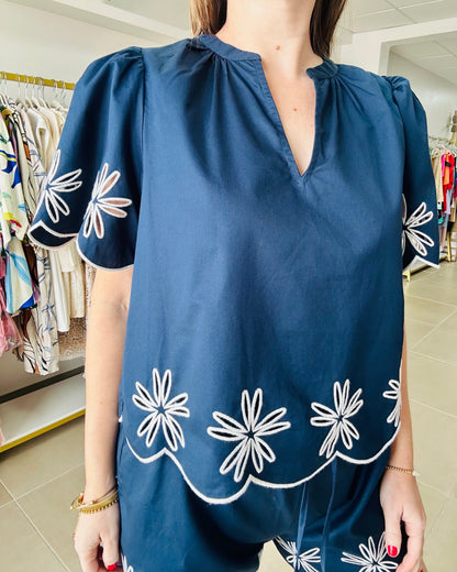 Navy embroidery Top and Short Set