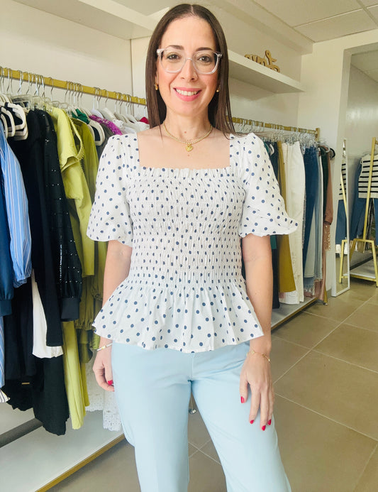 Navy Polka Dots Smocked Peplum Top