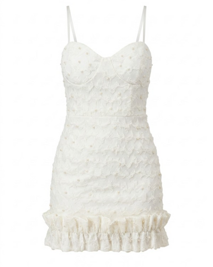 Texture Pearl/ Ruffle hem White Dress
