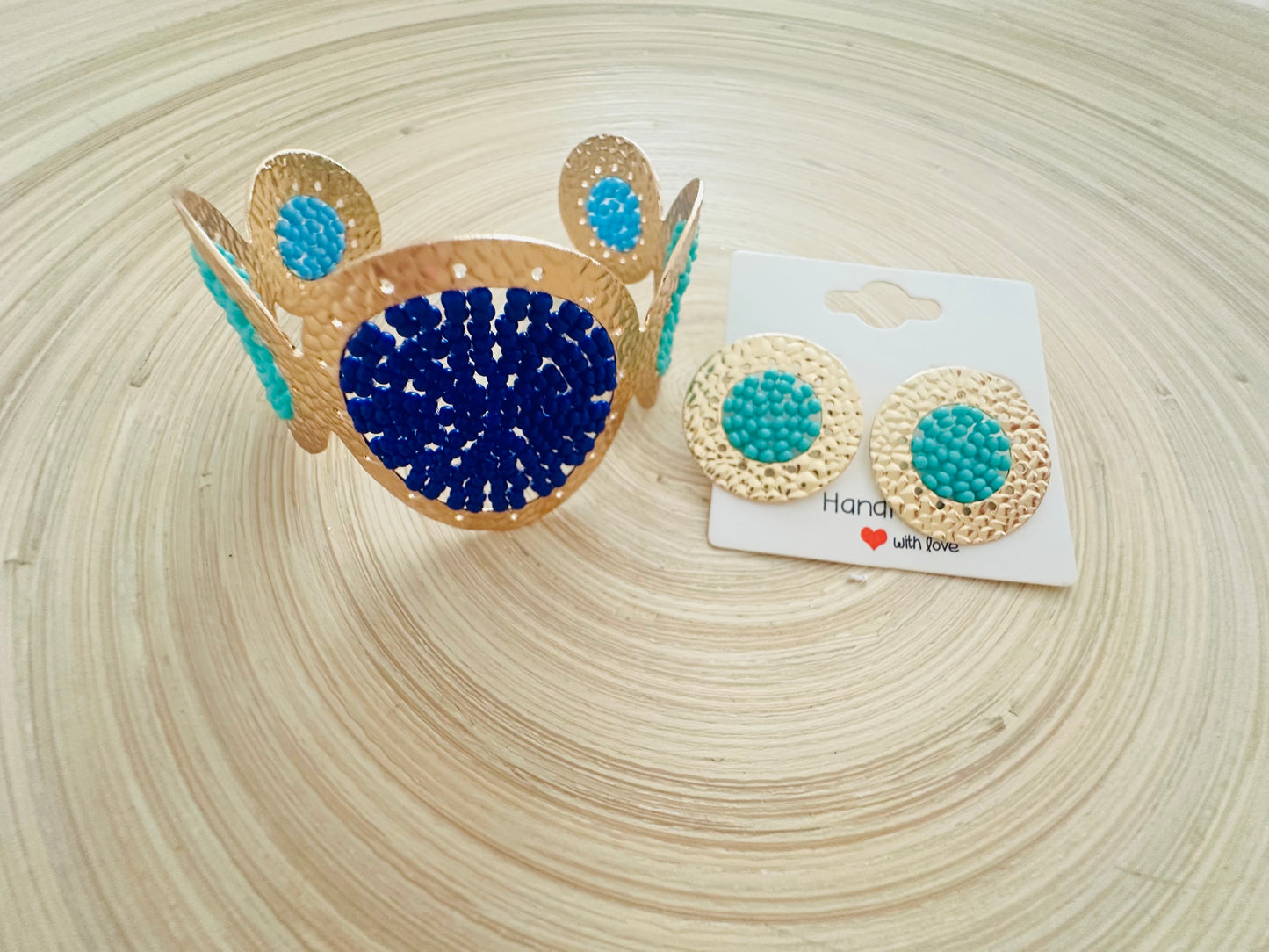 BlueBeaded Cuff +Earrings Set