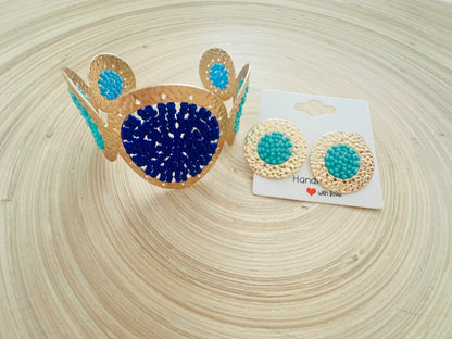 BlueBeaded Cuff +Earrings Set