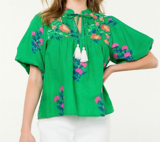 Green Puff Sleeve Floral Top- PLUS SIZE