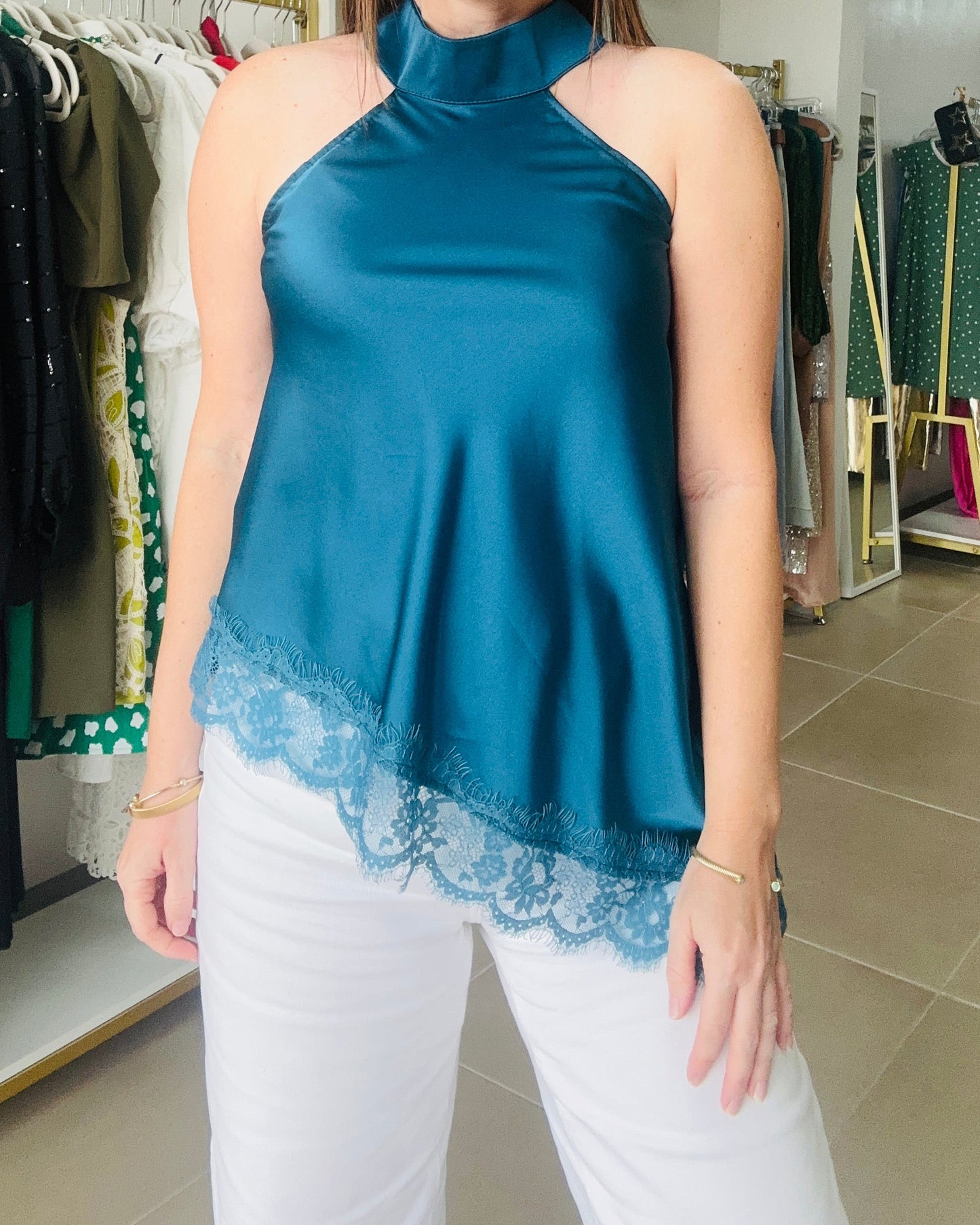 ASYMMETRIC TEAL LACE TOP