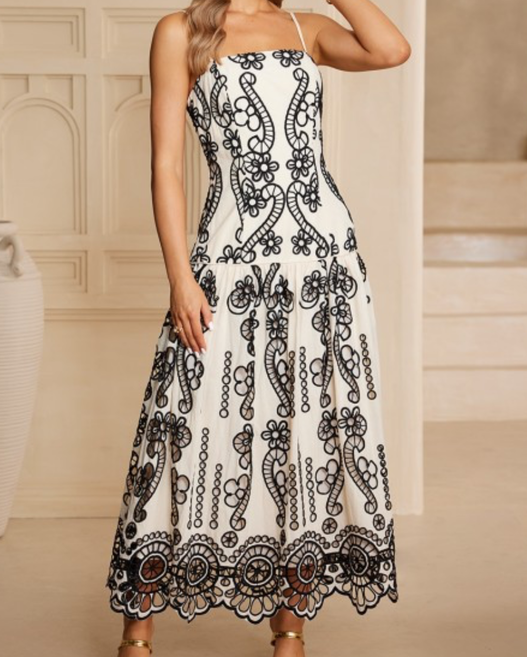 Black & Ivory  Crochet Low Fitted Maxi Dress