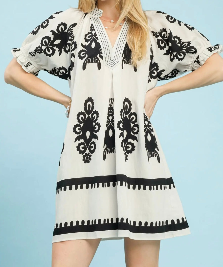 V-Neck Black & White Tunic Dress