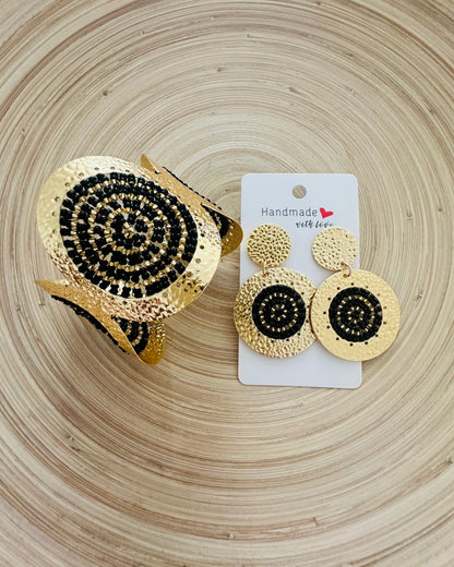 Black Circle Beaded Cuff +Earrings Set