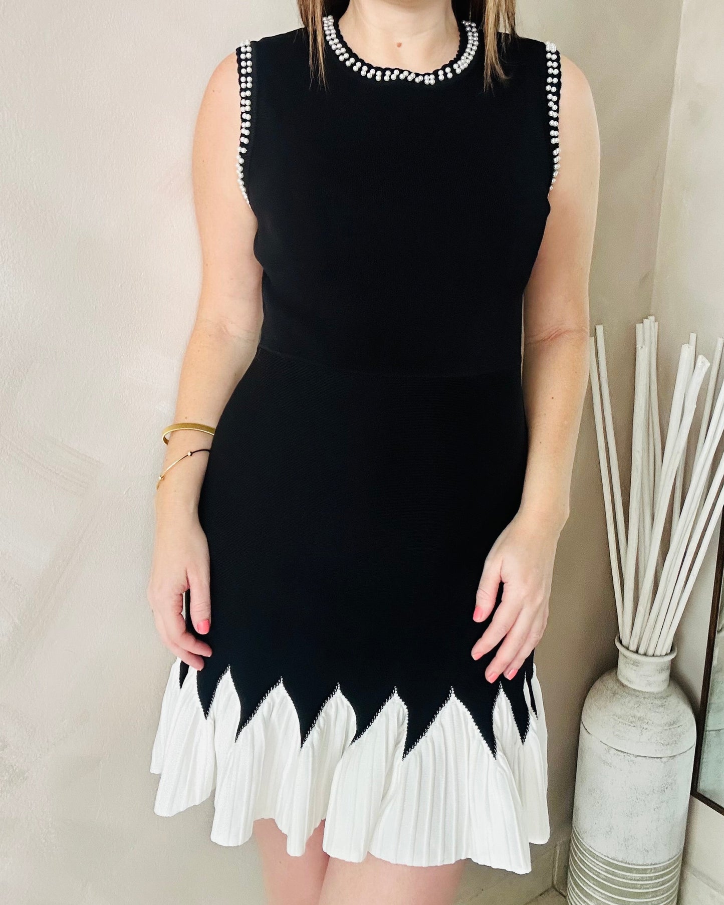 Black White Contrast Pearl Dress
