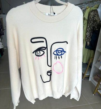 Abstract Print Ivory  Sweater Top
