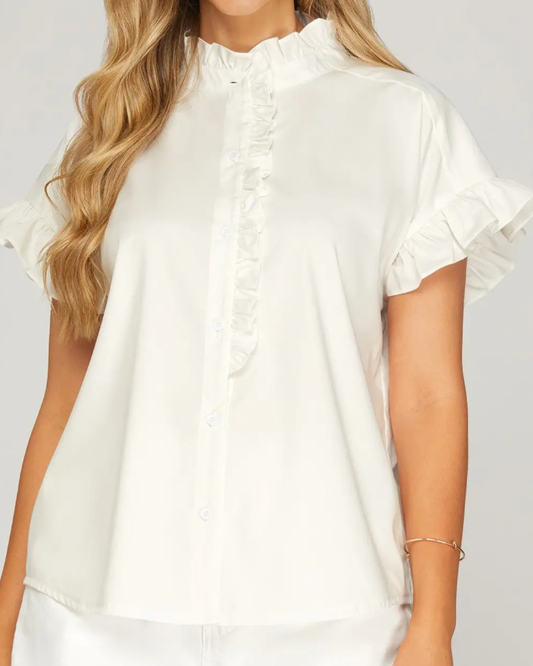 White Ruffle Neck Top