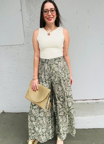 Sage Print Wide Leg Pants