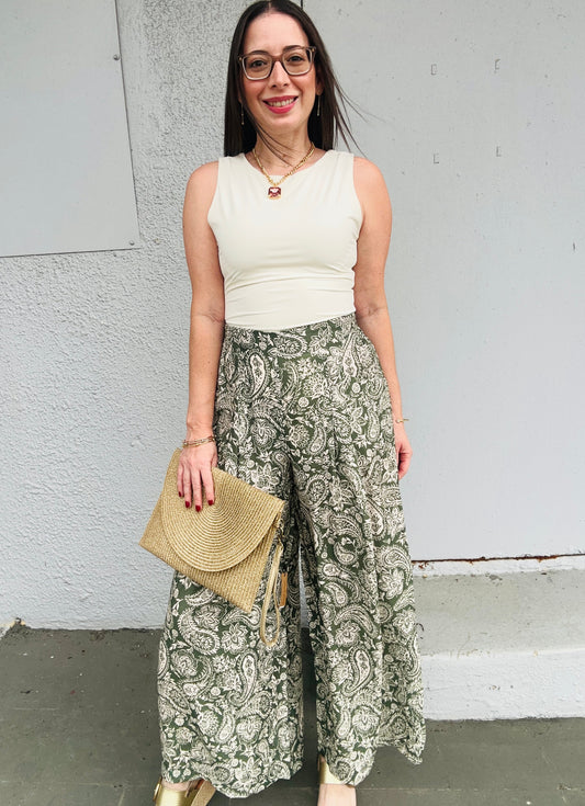 Sage Print Wide Leg Pants