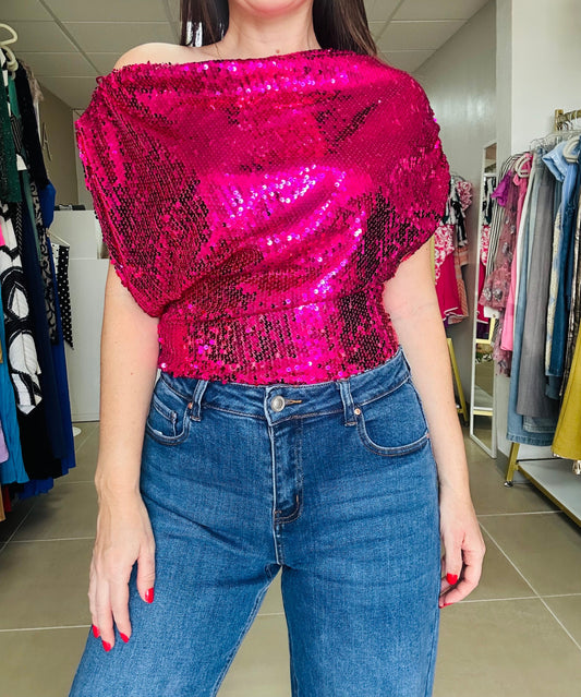 Hot Pink Sequin One Shoulder Top