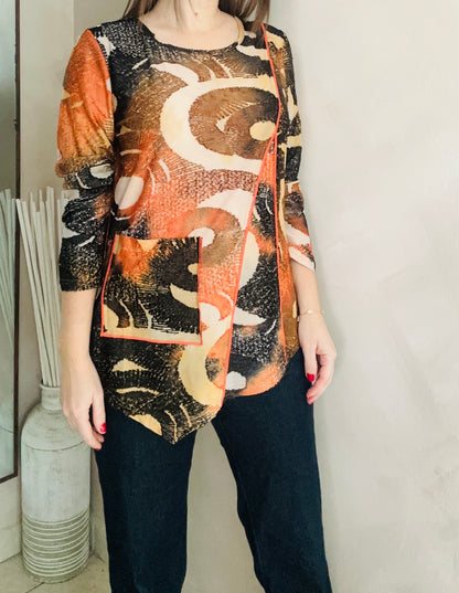 Orange Print Asymmetric Long Sleeve Blouse