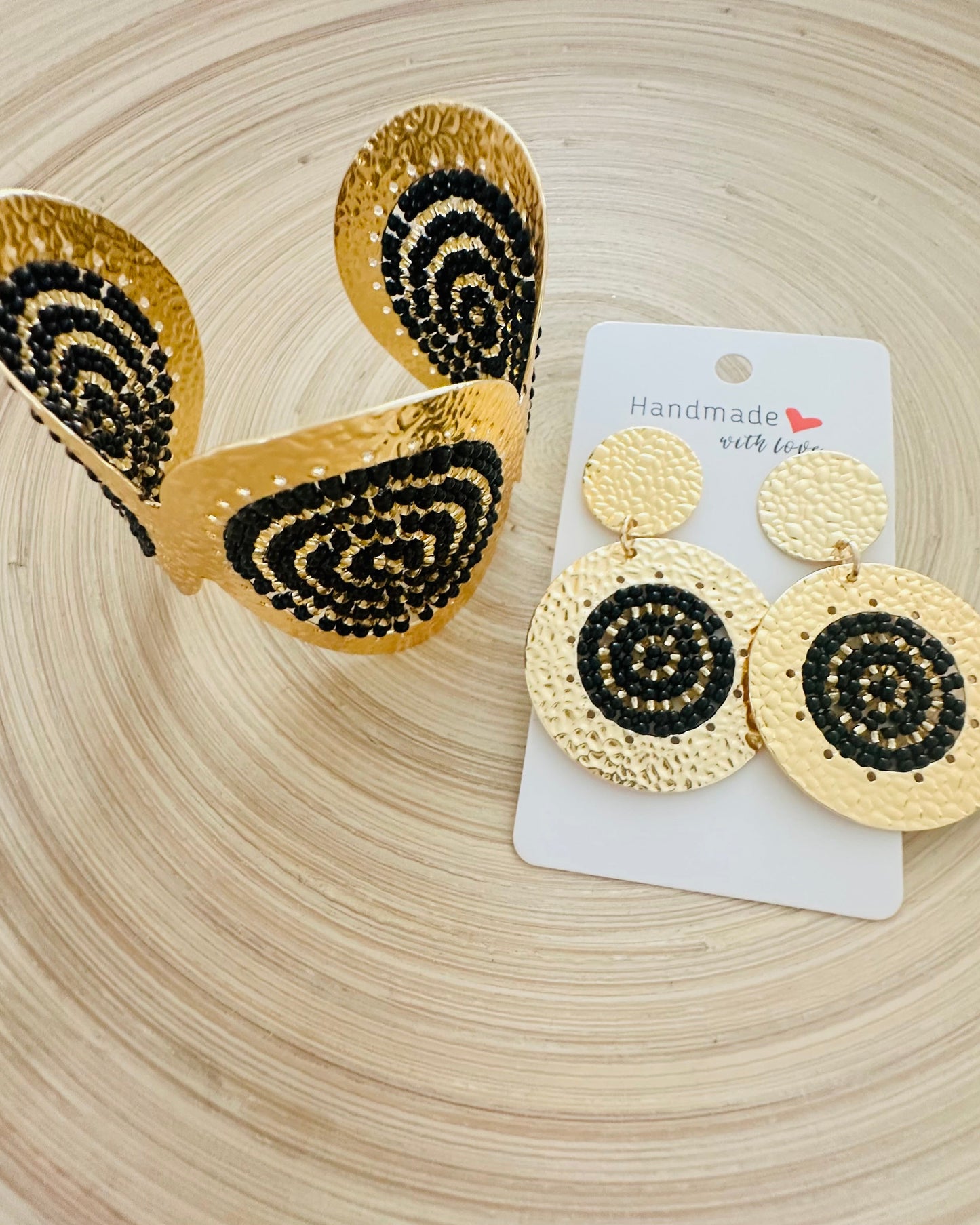 Black Circle Beaded Cuff +Earrings Set