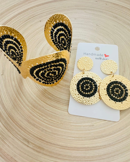 Black Circle Beaded Cuff +Earrings Set
