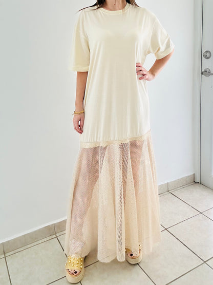 Cream Golden Mesh Maxi Dress