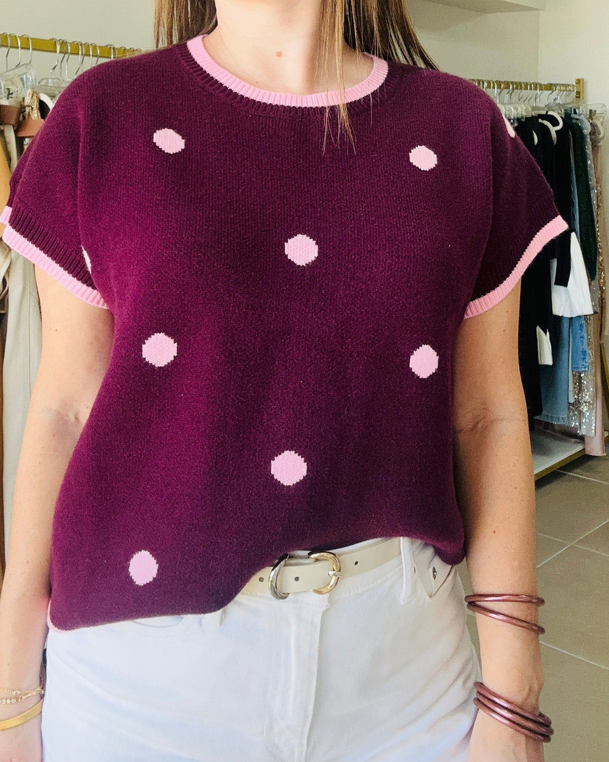 Plum Polka Knit Top