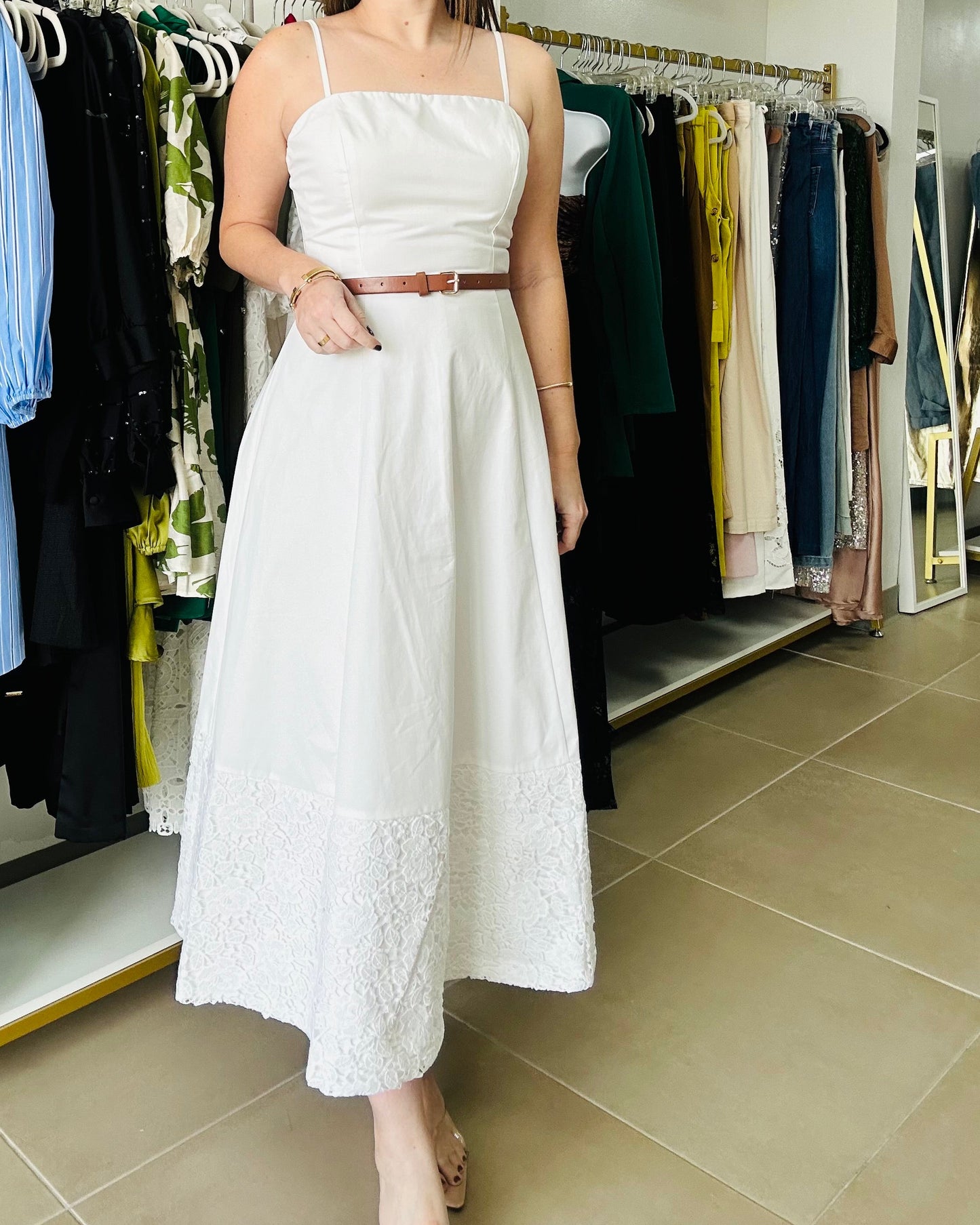 White Crochet Botton Midi Dress