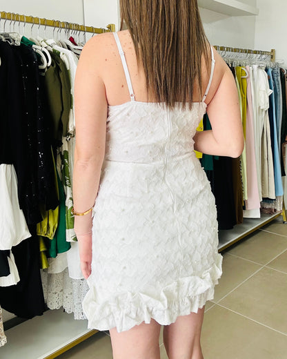 Texture Pearl/ Ruffle hem White Dress