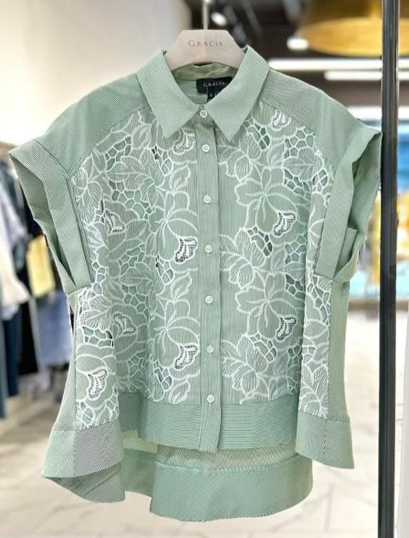 Green Stripes Button down  Top By. Gracia