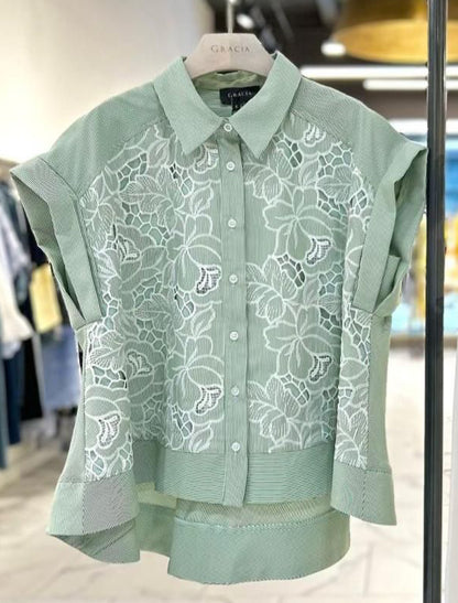 Green Stripes Button down  Top By. Gracia